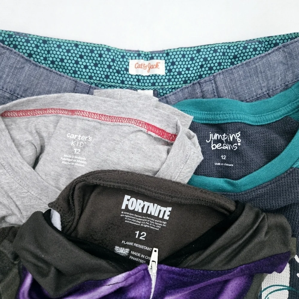 Bundle of 4 Clothes boys Size 12 long sleeves tops, shorts,fornite pajama onesie